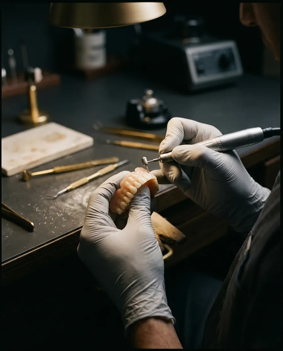 A prosthodontic technician hand-finishing a denture